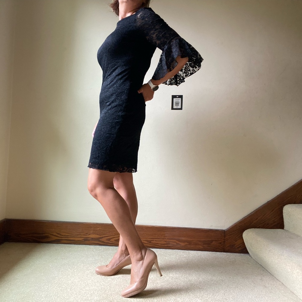 Marina stretch black lace sheath dress bell sleeve lined sheer wedding party